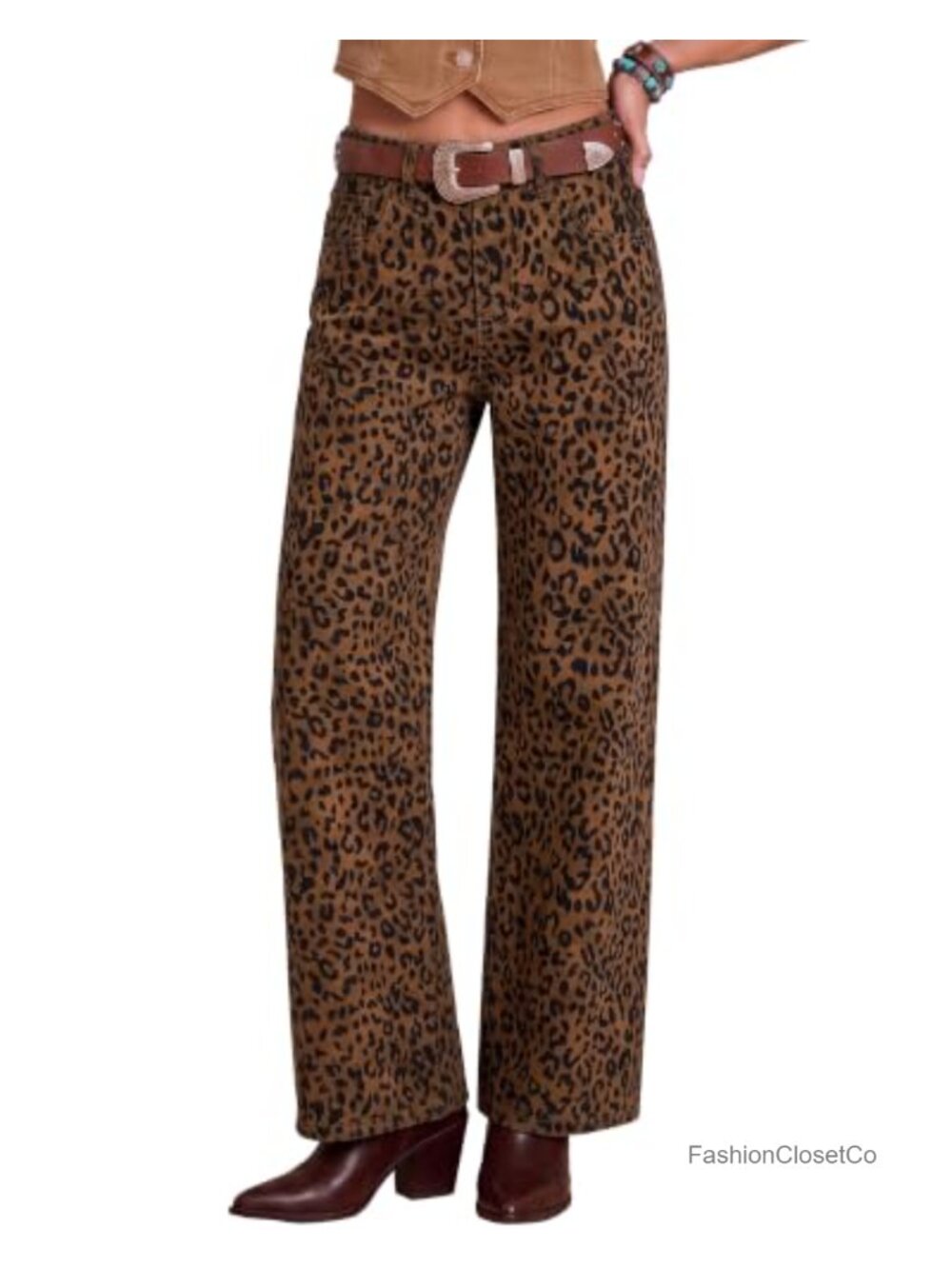 Wide Leg Leopard Print Denim Jeans